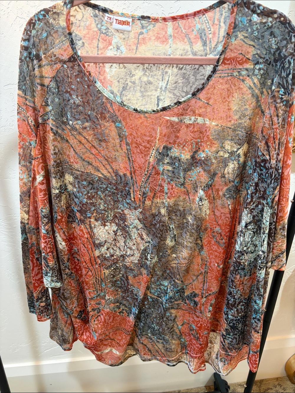 Tianello Multicolor Scoop Neck Top -Rust, Teal, Brown